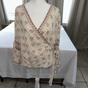 Max Studio Women's Beige Floral Print Faux Wrap Blouse SIZE Medium